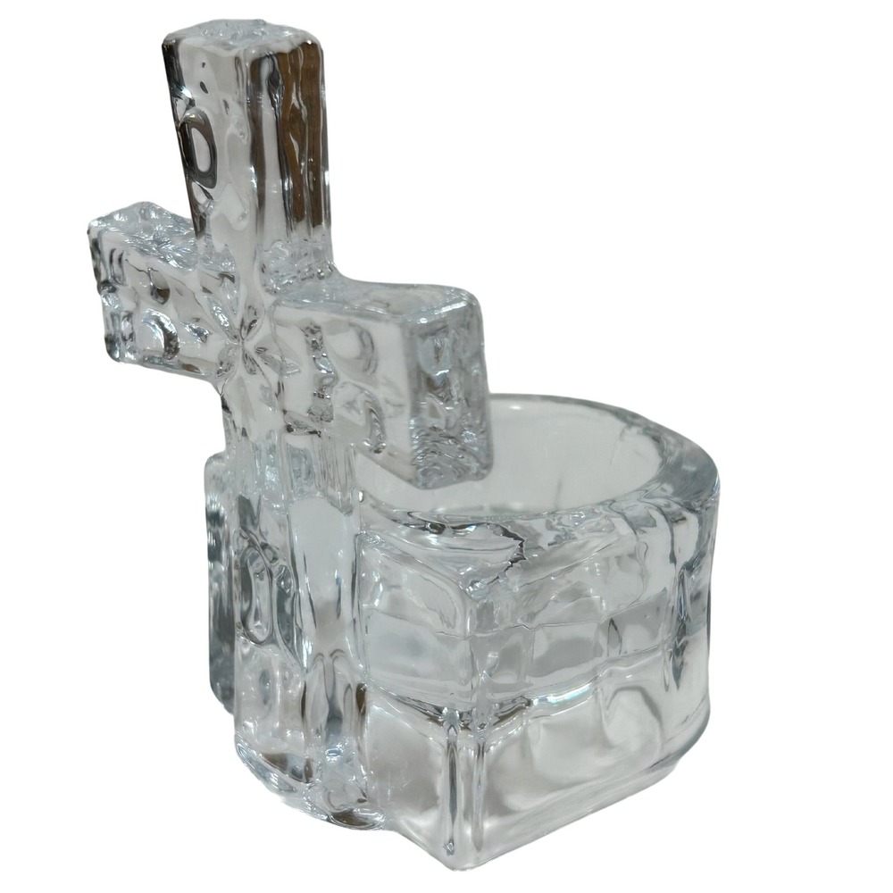 Clear Glass Cross Votive Candle Holder Fleur-de-lis Religious Decor 4 Inch